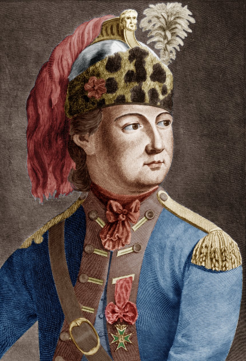 Rycerz Eon (1728-1810), francuski tajny agent króla, przebierał się, grawerował kolorowy dokument autorstwa P. Jean Baptiste Bradel