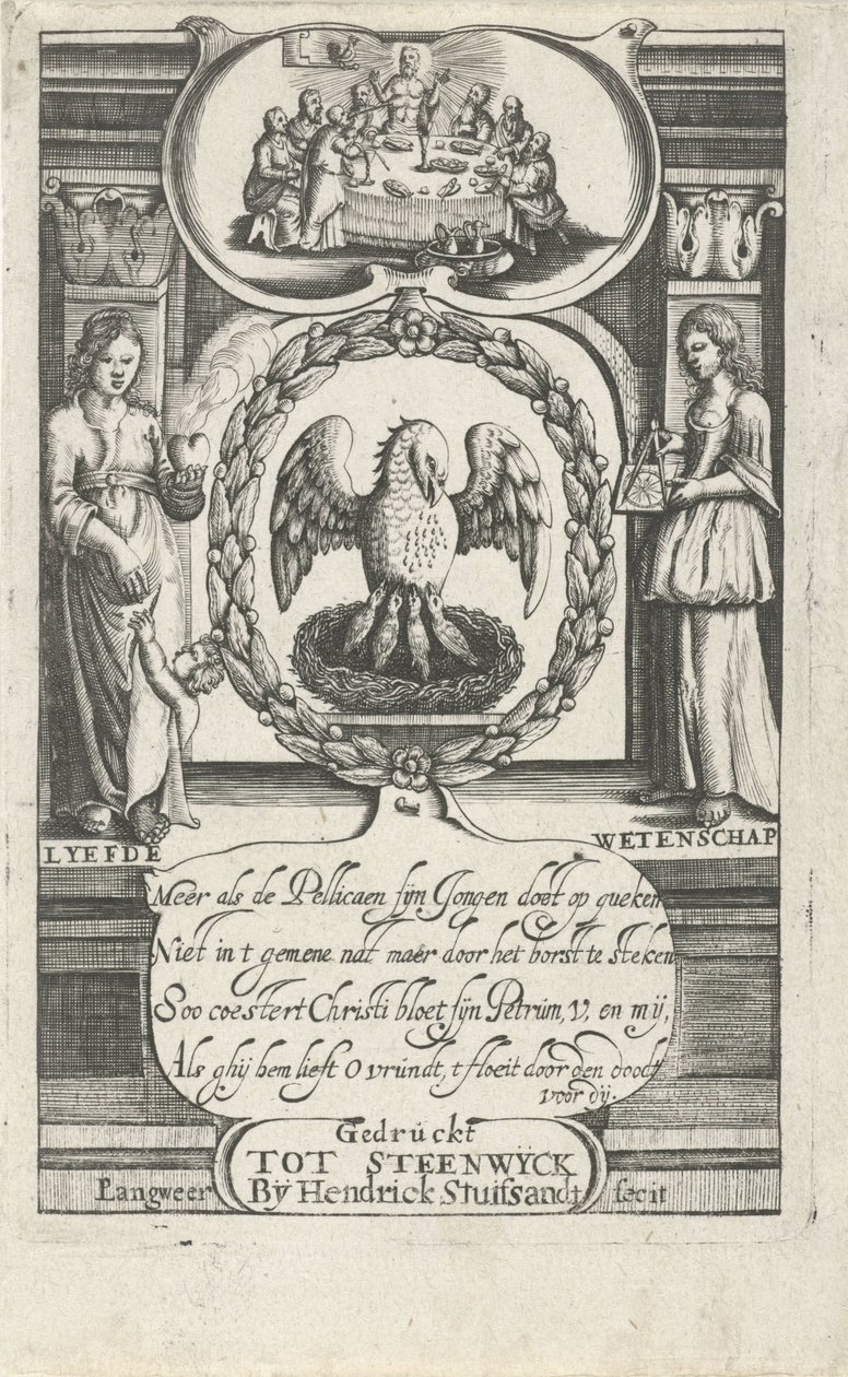 Pelikan karmi swoje młode własną krwią Strona tytułowa dla: D. van Baardt, Gobelin panowania duchowego i światowego, 1661 autorstwa P. Langweer