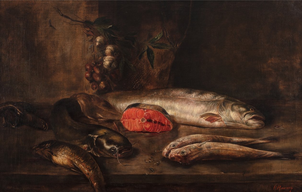 Martwa natura z rybą z karpiem, sumem, łososiem, mulą, węgorzami i solą na blacie z wiszącym czosnkiem i szalotką, martwa ryba, ok. 1775-1800 (olej na płótnie) autorstwa P. Romney