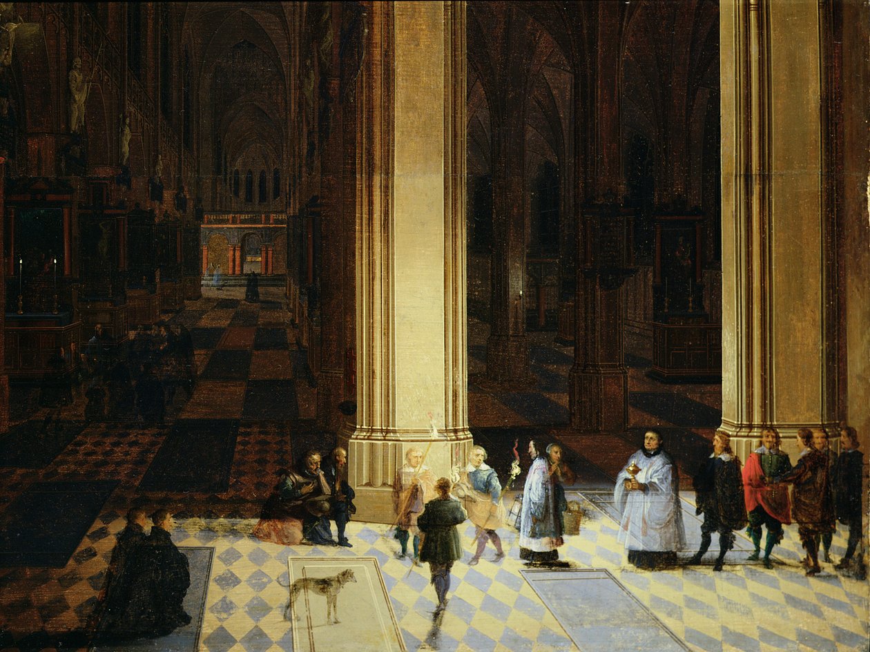 Wnętrze katedry w Antwerpii nocą, połowa XVII wieku (olej na panelu) autorstwa P. the Elder & P. the Younger (1620 75) Neeffs