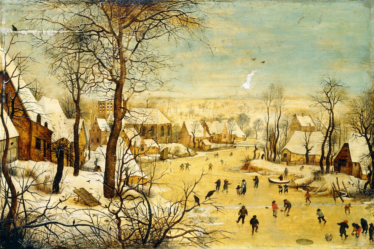 Wioska zimą z pułapką na ptaki i łyżwiarzami na zamarzniętym szlaku wodnym, autorstwa P. the Younger Brueghel