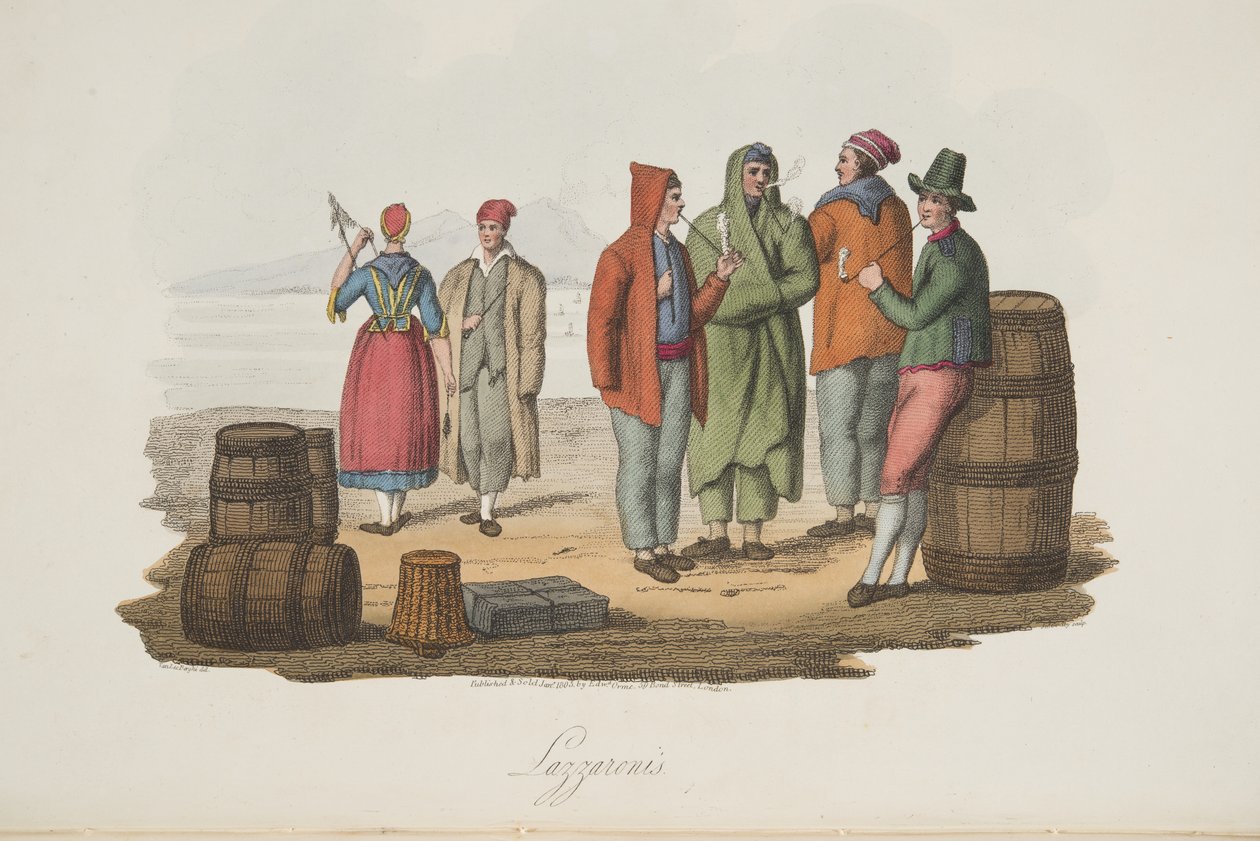 Lazzaroni z włoskiej scenerii, reprezentujący maniery, zwyczaje i rozrywki różnych stanów Włoch, wyd. 1806 (ręcznie kolorowane grawerowanie) autorstwa P. van (after) Lerberghi
