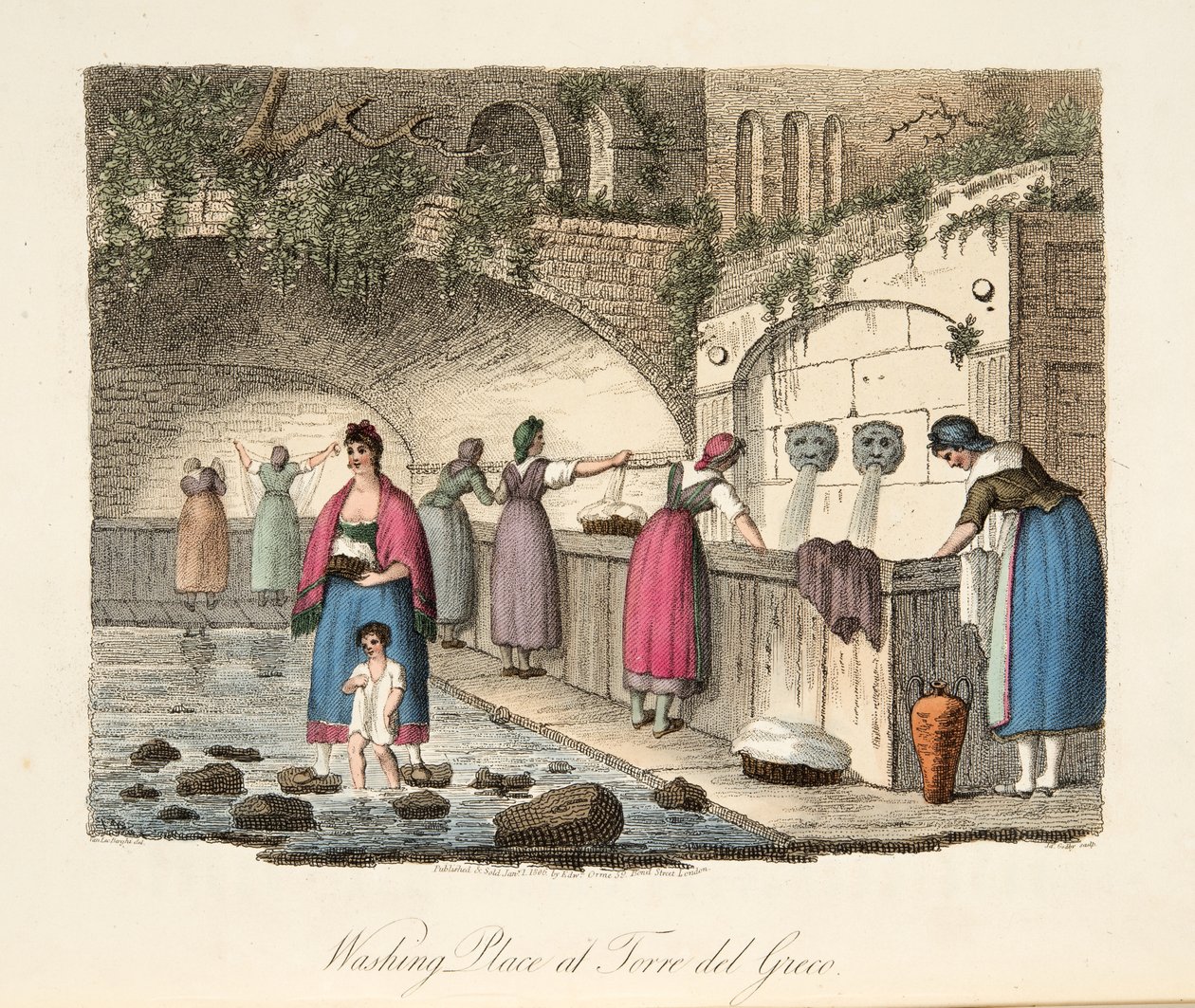 Miejsce mycia w Torre del Greco, z włoskiej scenerii, reprezentujące maniery, zwyczaje i rozrywki różnych stanów Włoch, wyd. 1806 (ręcznie kolorowane grawerowanie) autorstwa P. van (after) Lerberghi