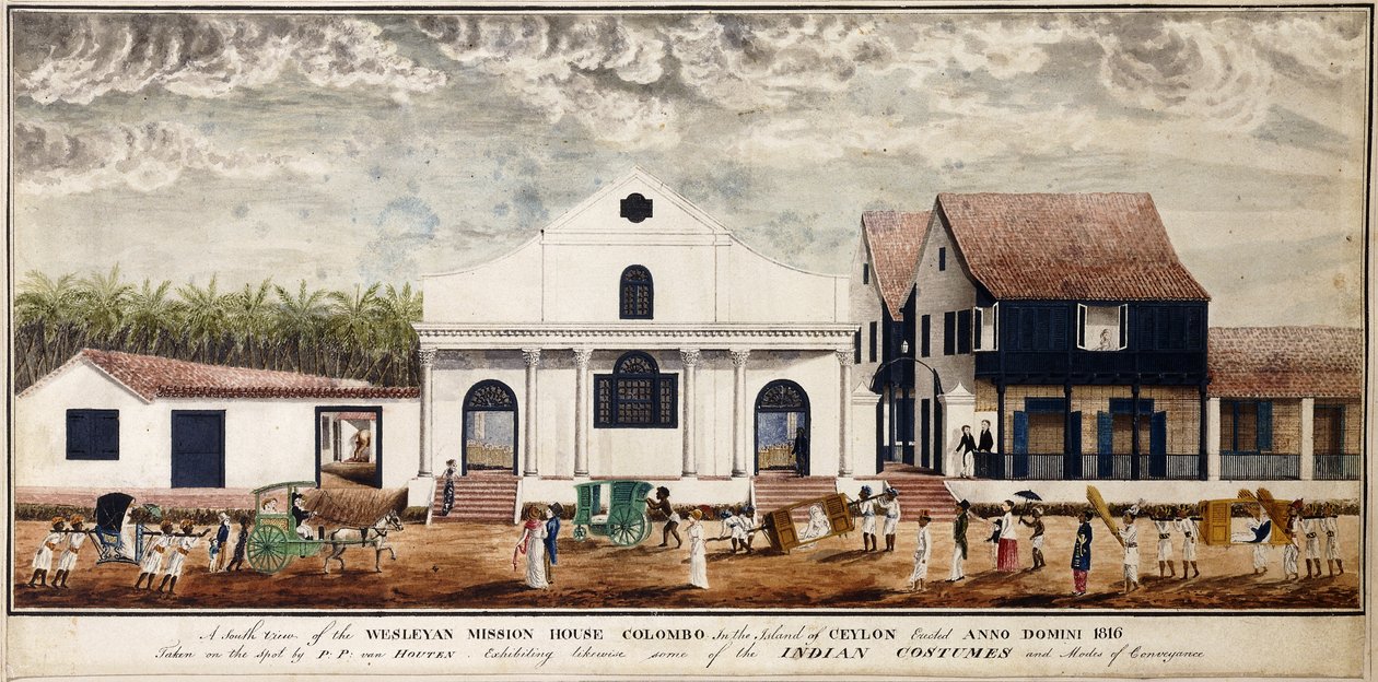 Widok południowy na Wesleyan Mission House, Kolombo na wyspie Cejlon, wzniesiony Anno Domini 1816, c.1816 (akwarela) autorstwa P. van Houten