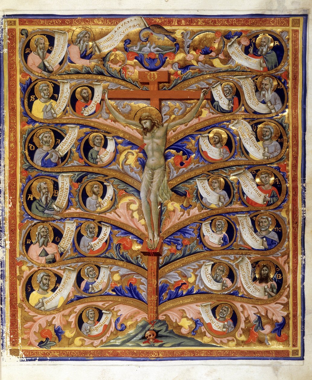 Gyvybės medis arba Kryžiaus medis, iliustracija iš Trivulziana lotyniškos Biblijos, apie 1335–1340 (tempera, aukso lapai ir rašalas ant pergamento)poli autorstwa Pacino di Bonaguida