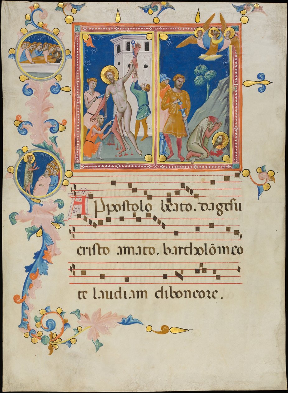 Karta rękopisu z męczeńską śmiercią św. Bartłomieja, z Laudario, ca. 1340. autorstwa Pacino di Bonaguida