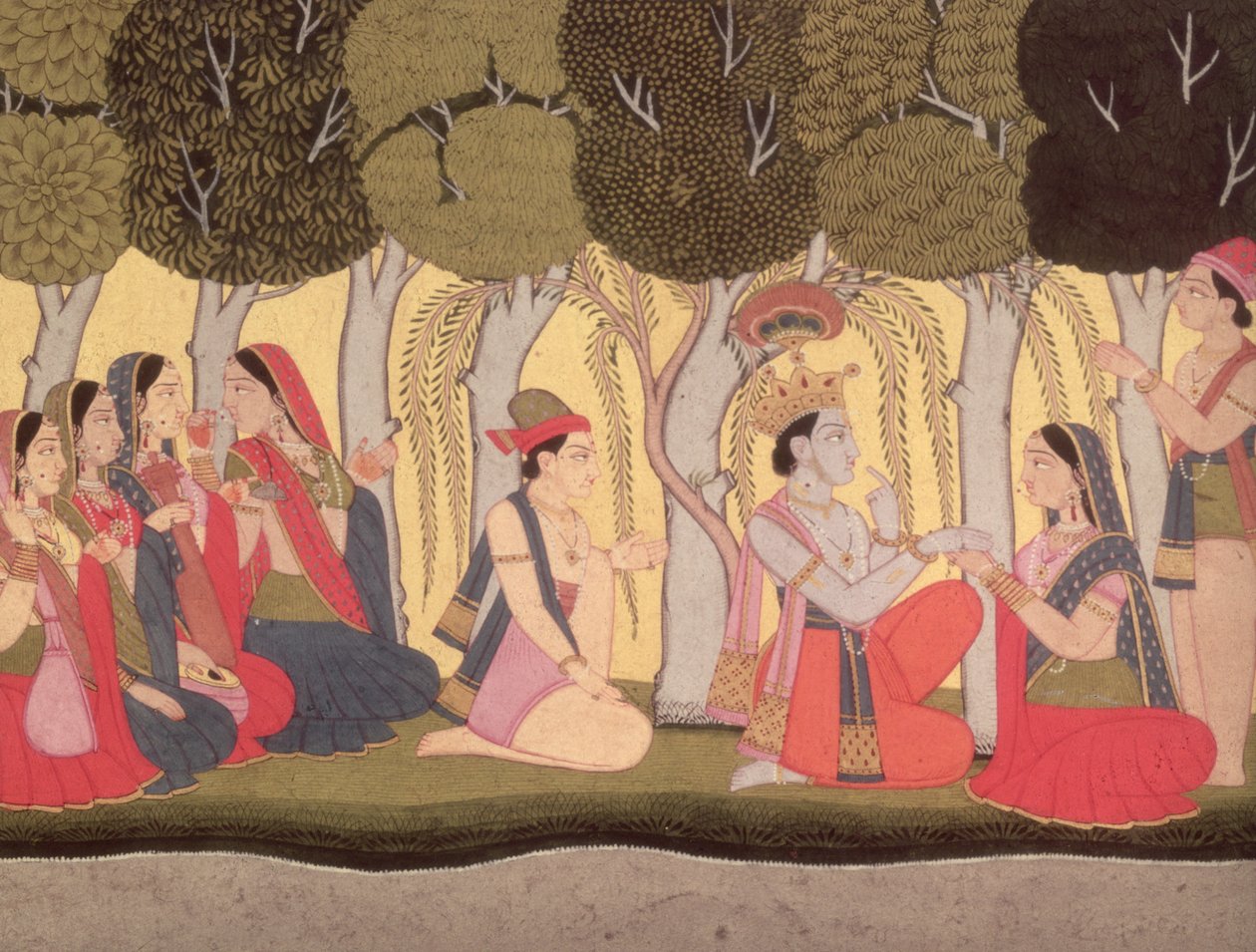 Radha i Krishna siedzą w zagajniku, Kulu, 1790-1800 autorstwa Pahari School