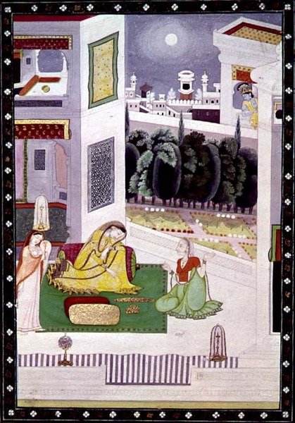 Zaniedbana dama z Prositapatika Nayika, Kangra, Himachal Pradesh, ok.1850 autorstwa Pahari School