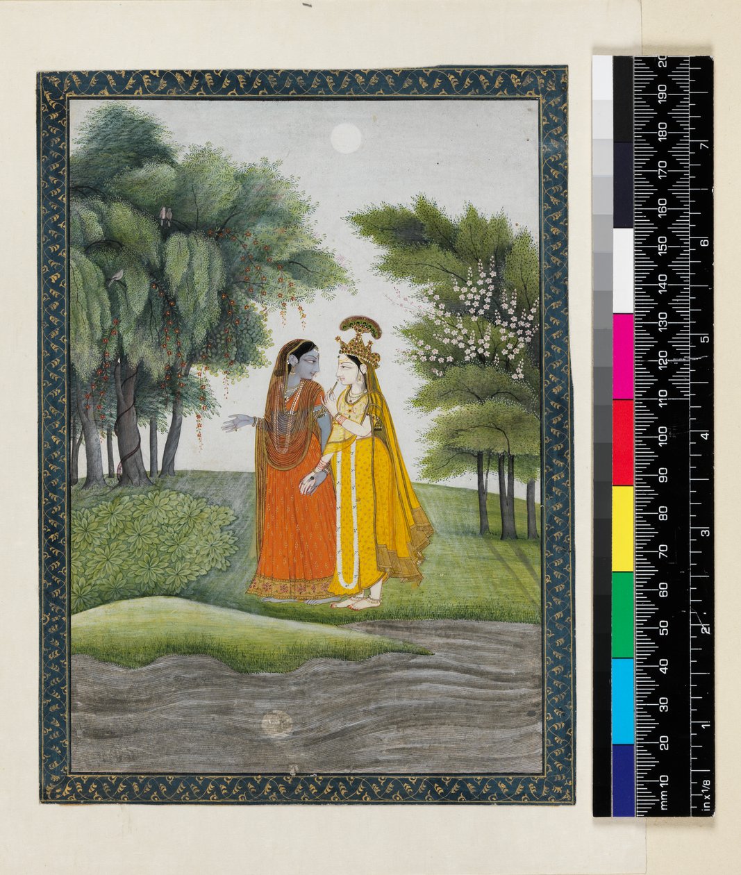 Krishna i Radha chodzą obok Dżumny w świetle księżyca po wymianie ubrań, z „Bhagavata Purana”, Kangra, Himachal Pradesh, ok. 1820 autorstwa Pahari School