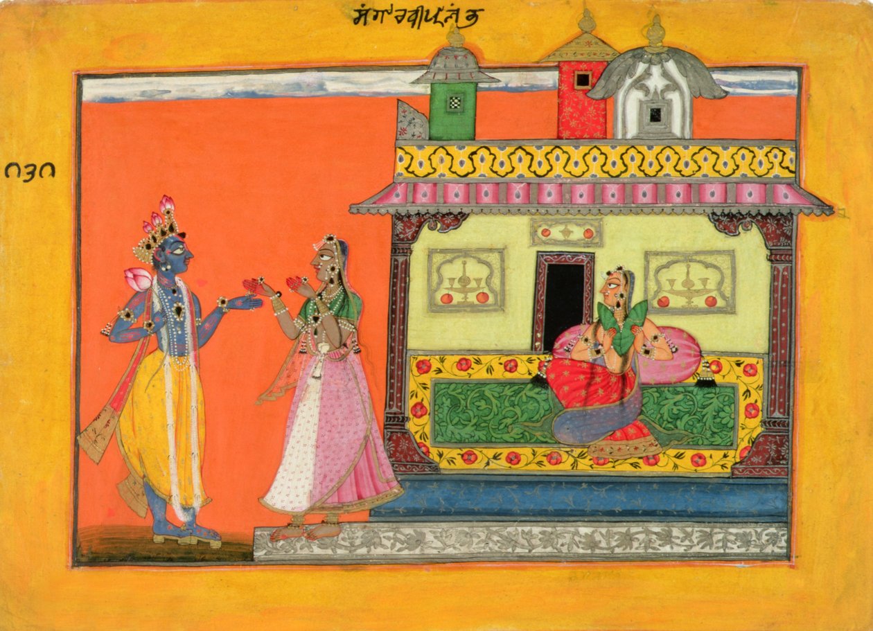 Kryszna przybywający do domu Radhas, ilustracja z rękopisu Rasamanjari z Bhanudatta, styl Basholi, ok. 1660-70 autorstwa Pahari School