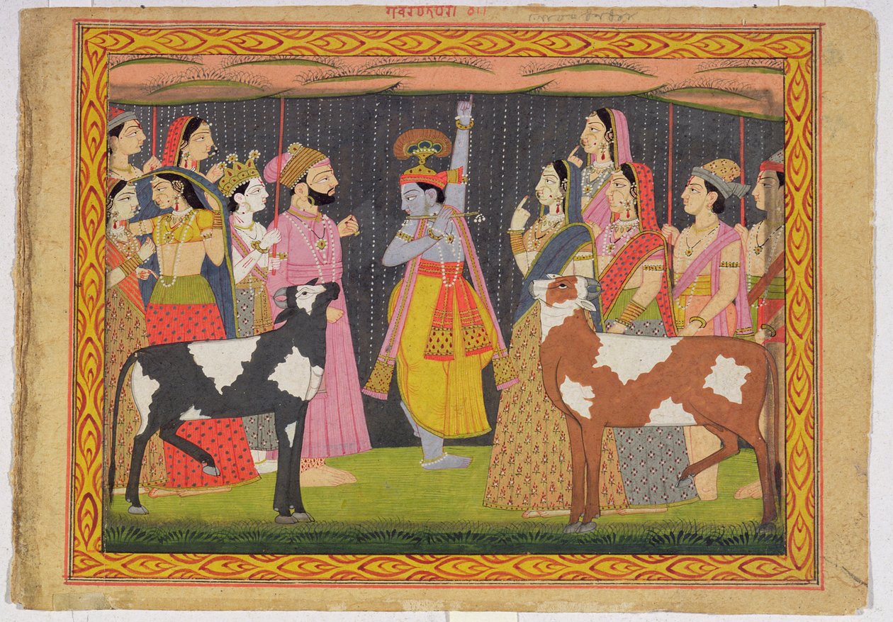 Kryszna podnoszący górę Govardhana z Bhagavata Purany, Kulu, Himachal Pradesh, 1749 autorstwa Pahari School