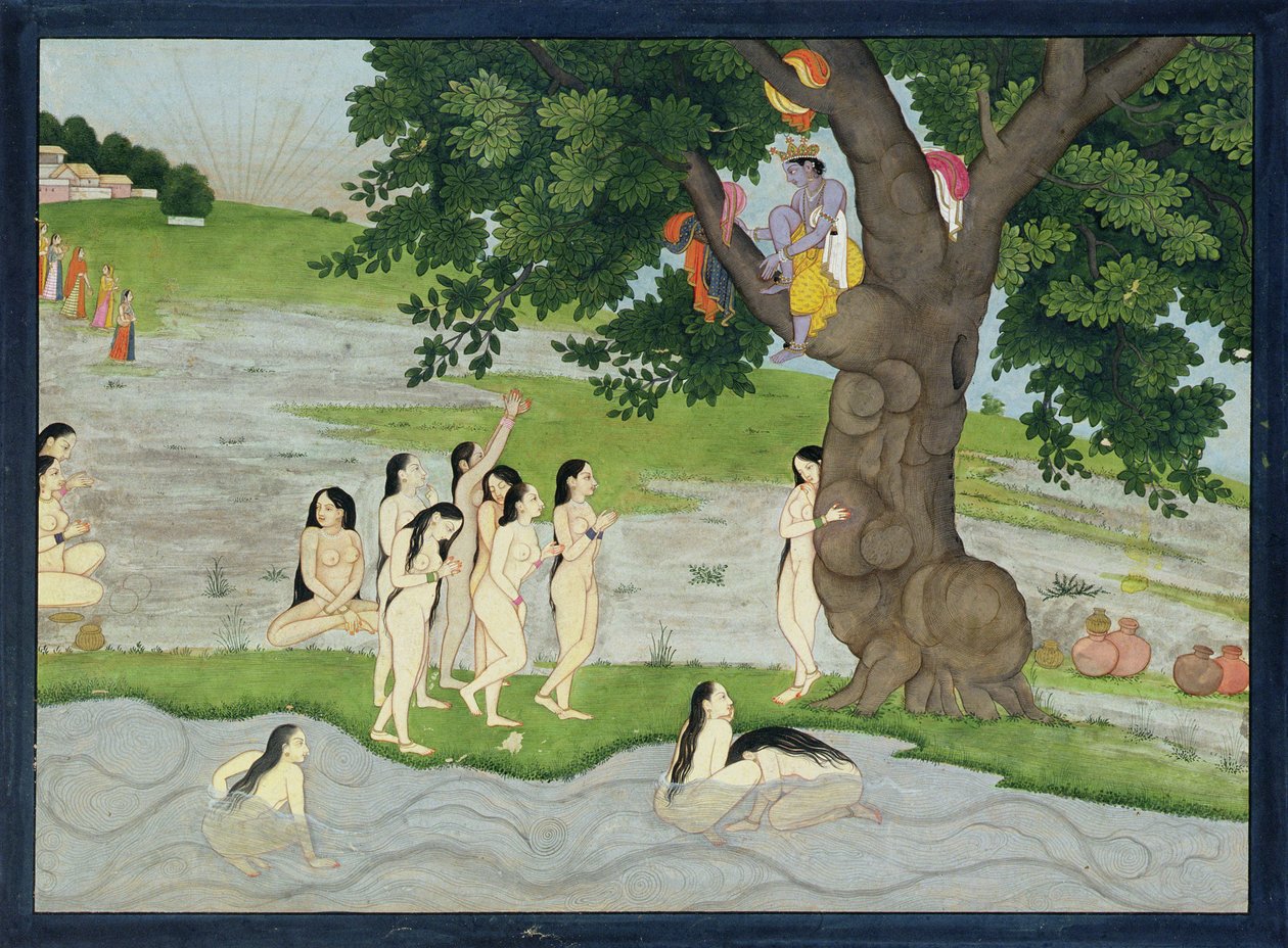 Kryszna kradnie ubrania Gopi z Bhagavata Purana, Kangra, Himachal Pradesh, 1780 autorstwa Pahari School