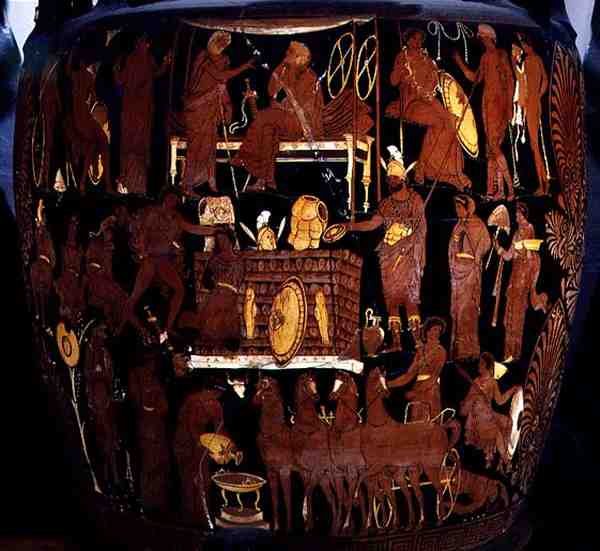 Apulijski krater wolutowy z czerwoną figurą, szczegół poświęcenia więźniów trojańskich przez Achillesa na pogrzebie Patroklosa, Grek, z Canosa, IV w. p.n.e. (ceramika) (zob. też 119457) autorstwa Painter Darius