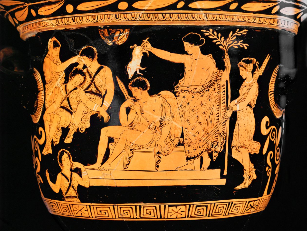 Czerwony krater dzwonowy z Apulii: Apollo oczyszcza Orestesa krwią prosięcia ... autorstwa Painter Eumenides