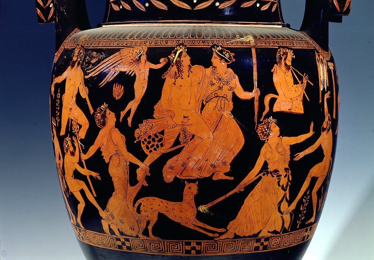 Czerwona figura na strychu-krater wolutowy, fragment sceny z aktorami i muzykami przygotowującymi się do przedstawienia, grecki, z Ruvo, V w. p.n.e. (ceramika) (zob. 119445-7) autorstwa Painter Pronomos