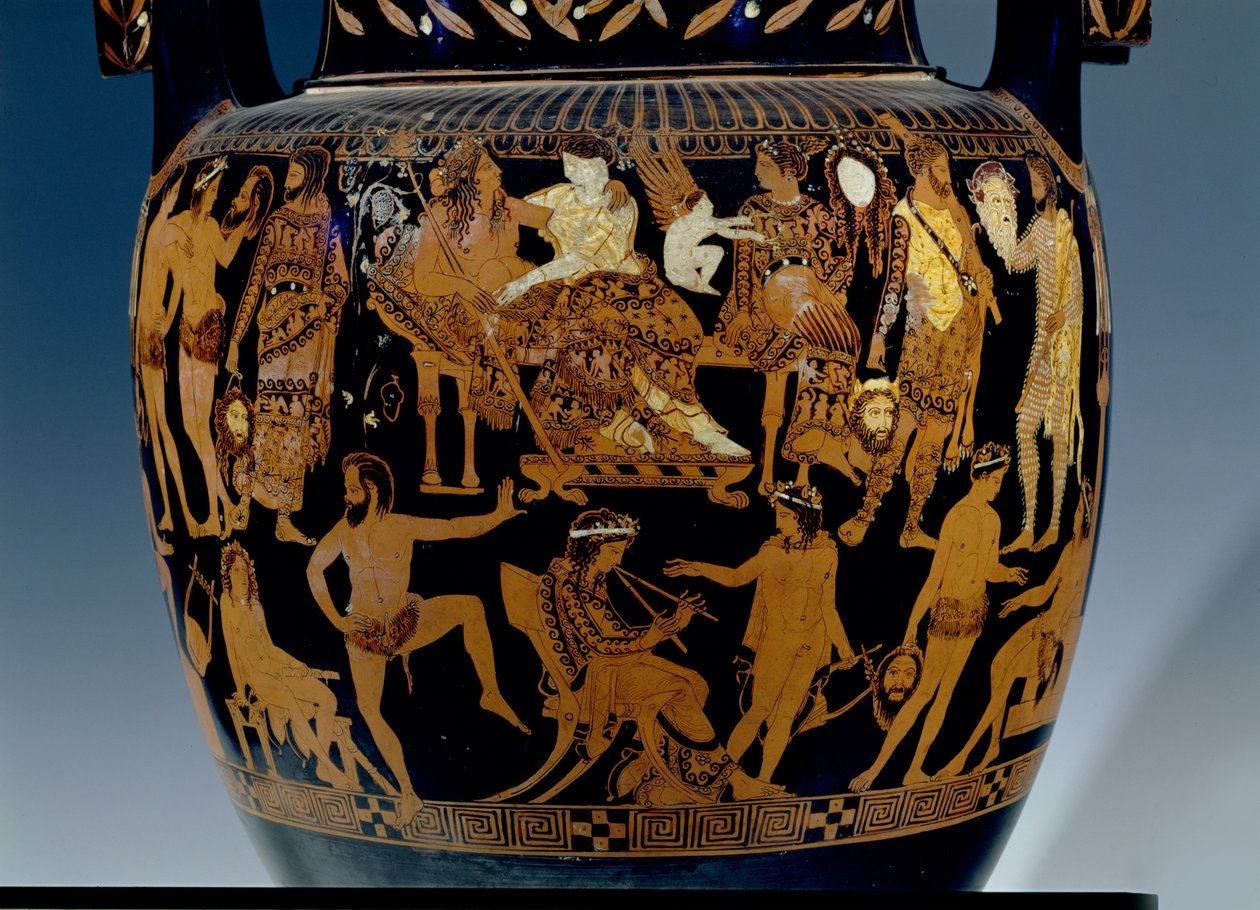 Czerwonofigurowy krater wolutowy na poddaszu, fragment sceny przedstawiający aktorów i muzyków przygotowujących się do występu przed Bachusem i Ariadną, Grek, z Ruvo, V w. p.n.e. (ceramika) (zob. też 119444-5 autorstwa Painter Pronomos