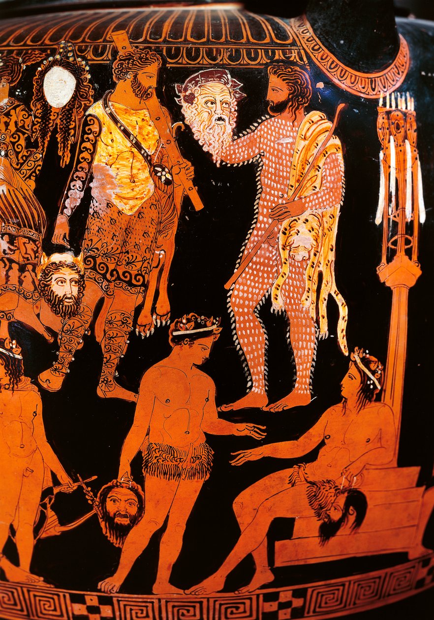 Czerwonofigurowy krater wolutowy z aktorem trzymającym maskę, z Ruvo, ok. 410 pne (ceramika) autorstwa Painter Pronomos