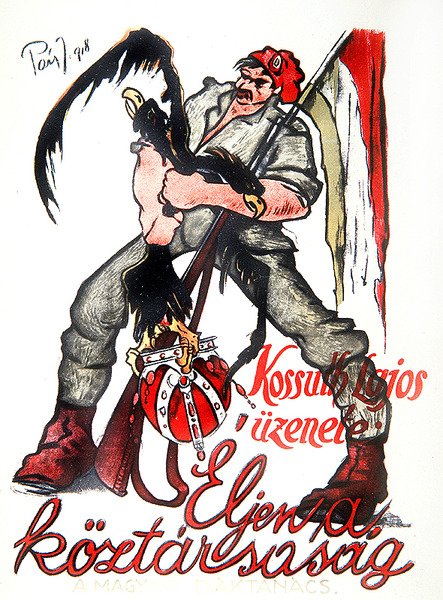 Węgierski rewolucjonista dusi dwugłowego orła austro-węgierskiego i ogłasza proklamację Kossutha „Niech żyje republika”, plakat Komuny Budapeszt autorstwa Paizs Goebel Jeno