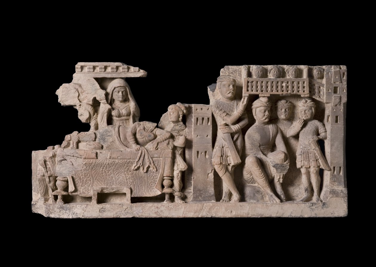Płaskorzeźba przedstawiająca Sen królowej Majów, region Gandhara (łupki) autorstwa Pakistani School
