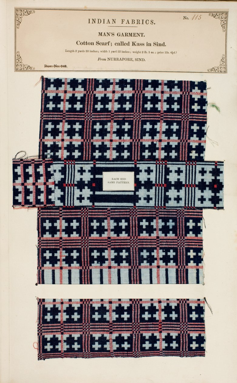 Próbka bawełnianego szalika z Nurrapore w Sind, z The Collection of the Textile Manufacturers of India, Johna Forbesa Watsona, opublikowana w 1866 autorstwa Pakistani School