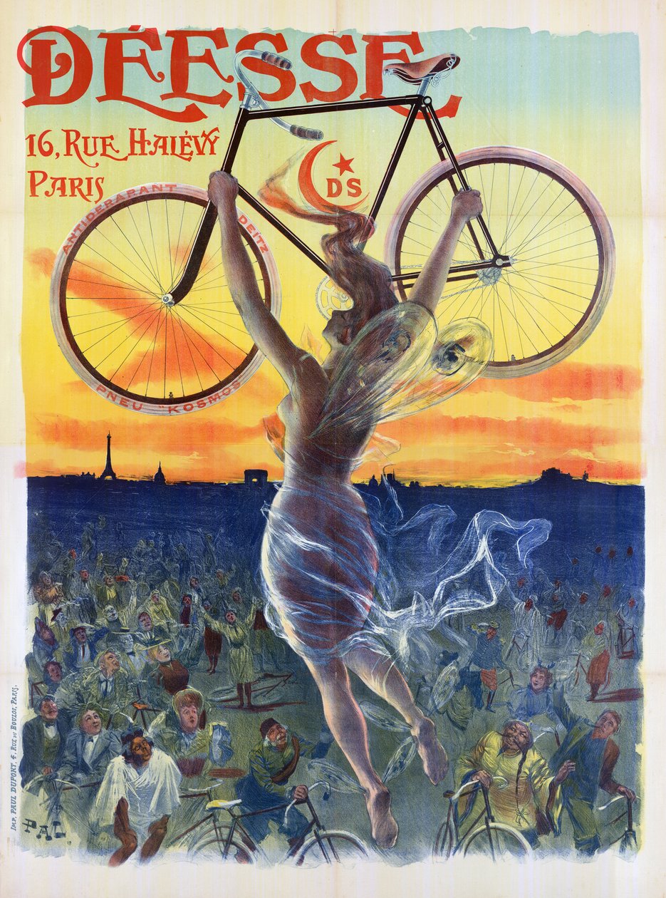 Stary francuski plakat bogini z rowerem, ok. 1898 autorstwa Pal