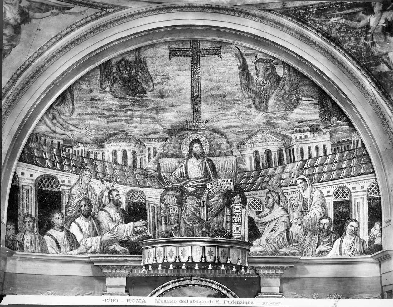 Chrystus na tronie w otoczeniu Apostołów i świętych Pudentiana i Praxedis, w absydzie (mozaika) autorstwa Paleo Christian