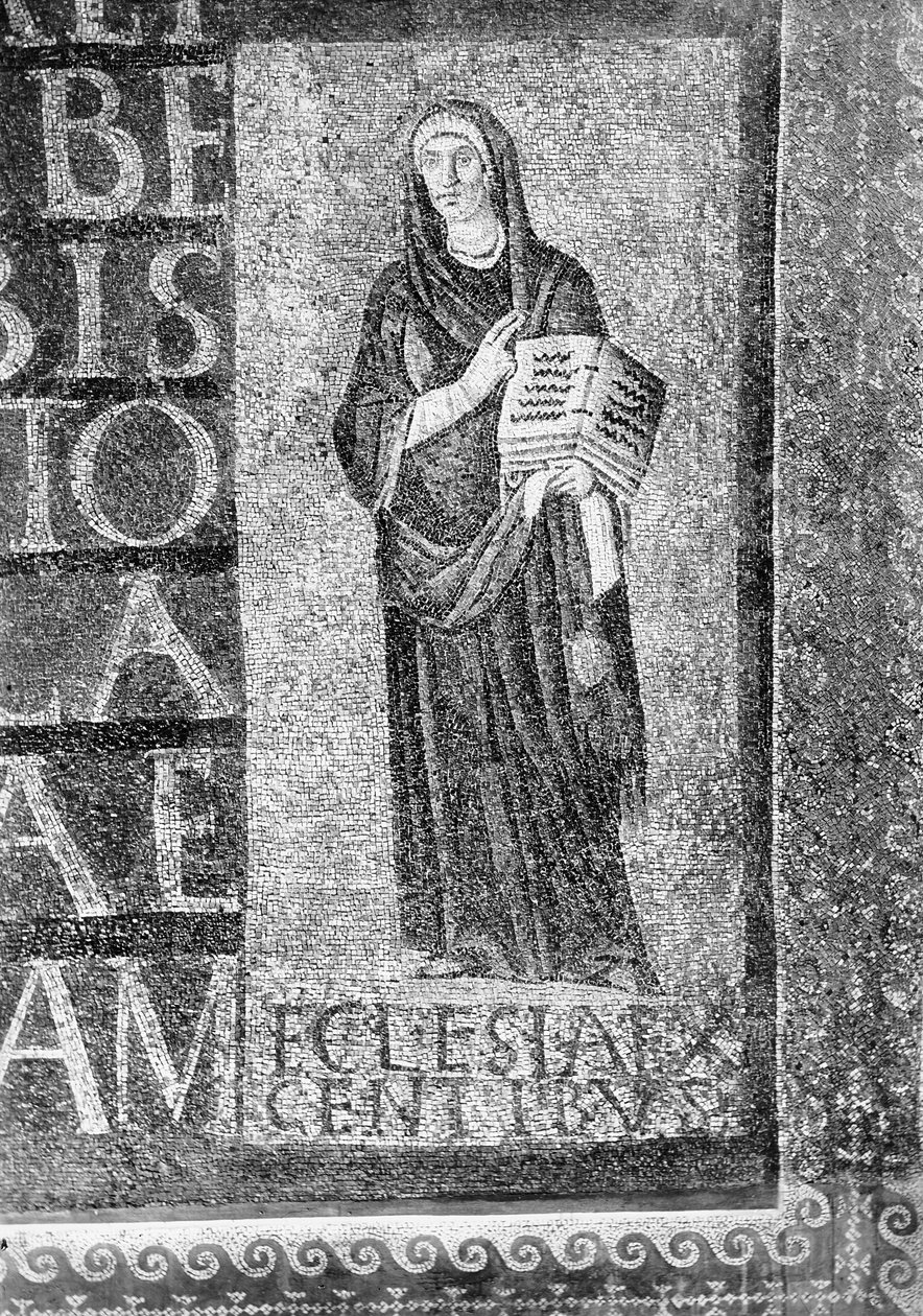 Figura przedstawiająca Kościół Pogan i część inskrypcji z siedmiu heksametrów (mozaika) autorstwa Paleo Christian