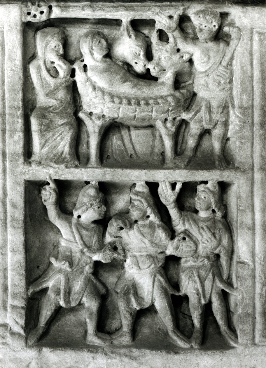 Fragment płaskorzeźby z sarkofagu szopki bw fot. autorstwa Paleo Christian