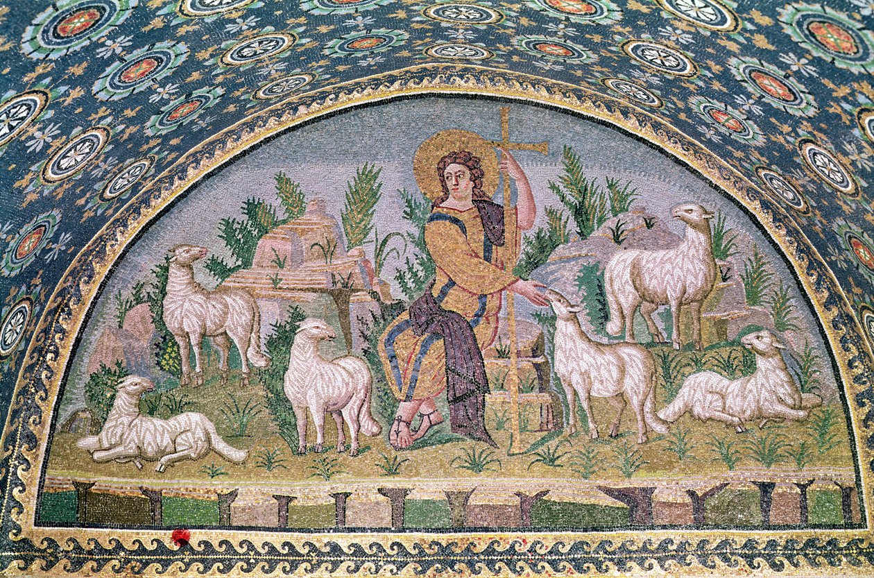 Dobry Pasterz, luneta nad wejściem (mozaika) autorstwa Paleo Christian