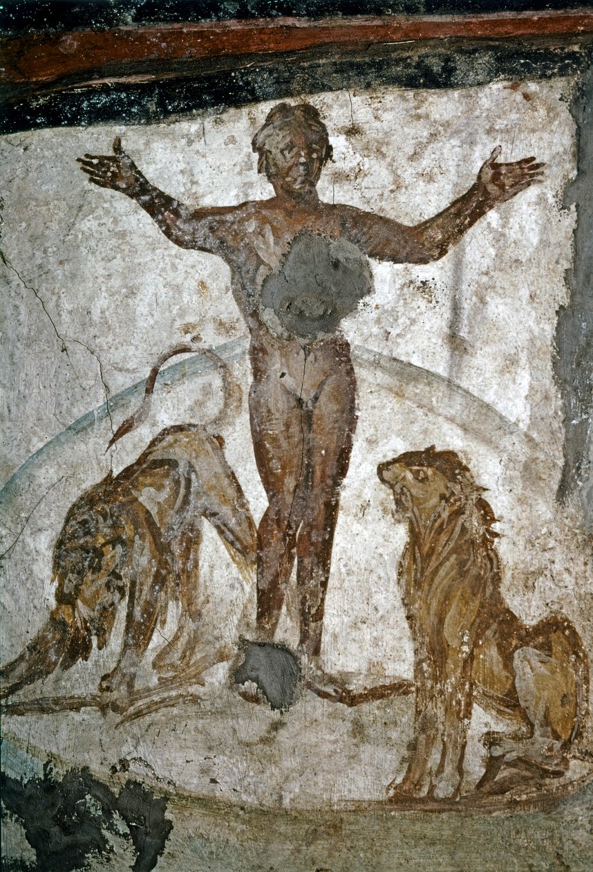 SZTUKA WCZESNOCHRZEŚCIJAŃSKA: Catacombe. Daniel w jaskini lwa, IV wiek (fresk) autorstwa Paleo Christian