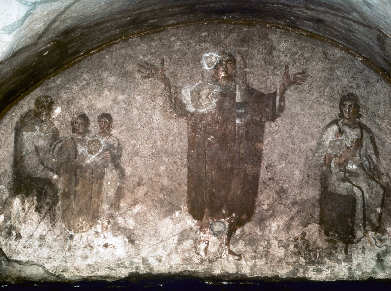 SZTUKA WCZESNOCHRZEŚCIJAŃSKA: Catacombe di St. Priscilla. Kubiak z Velaty, koniec III wieku (fresk) autorstwa Paleo-Christian