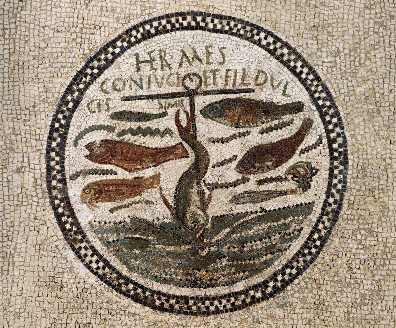 Mozaika z kotwicą w otoczeniu ryb, symbol Chrystusa i jego wyznawców, Katakumby Sousse, Tunezja, okres wczesnochrześcijański, IV w. autorstwa Paleo Christian