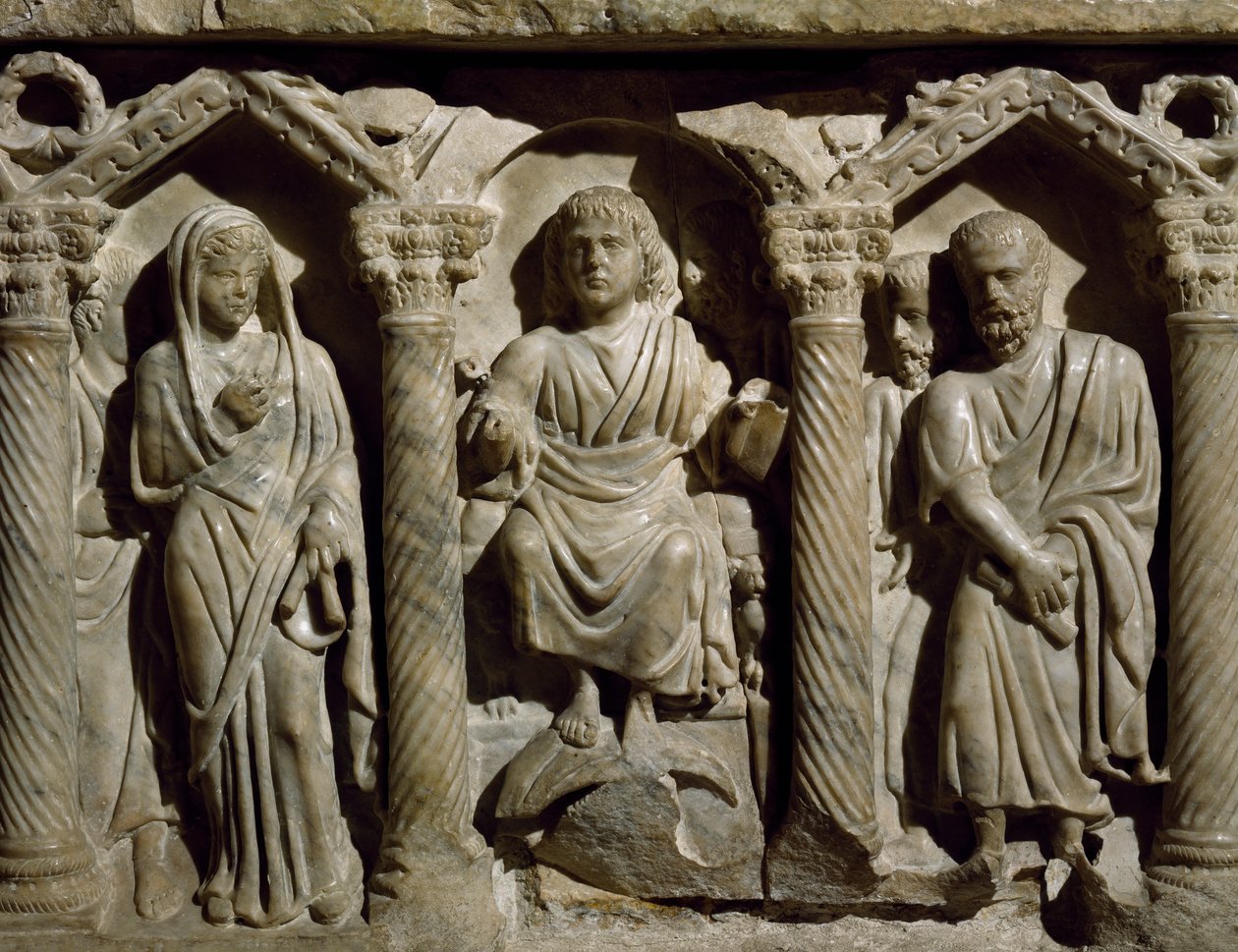 Sarkofag wczesnochrześcijański zwany także sarkofagiem Błogosławionego Idziego, marmur, Oratorium San Bernardino, Perugia, Umbria, Detal, Włochy, IV w. autorstwa Paleo Christian