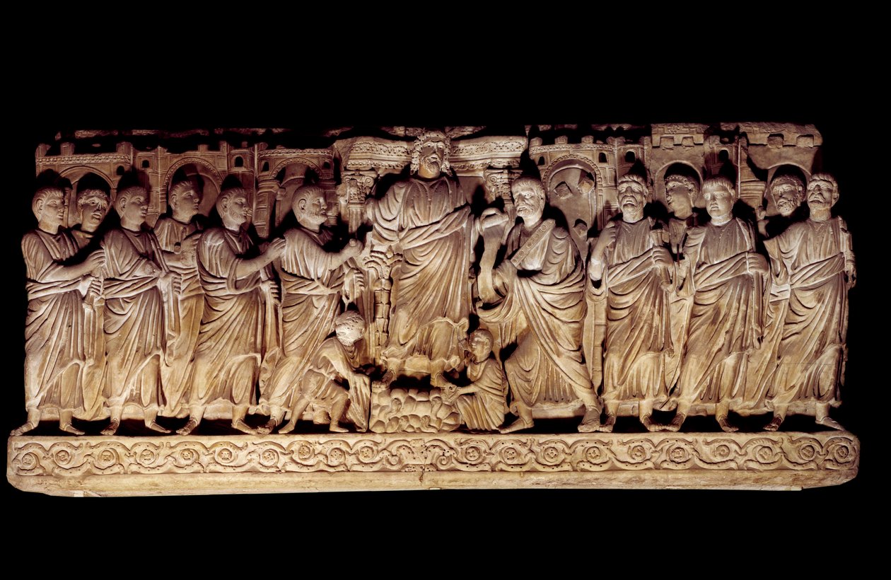 Sztuka paleochretska: rzeźbiony sarkofag przedstawiający Chrystusa z apoterami. z bazyliki św. Piotra w Rzymie, mauzoleum Anicii. 390-400 n.e. Paryż, Luwr autorstwa Paleo Christian