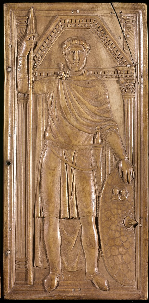 Stilikon w ramionach, generał, patrycjusz i konsul Cesarstwa Zachodniorzymskiego. Prawy panel dyptyka Stylichona (rzeźba na kości słoniowej, ok. 395) autorstwa Paleo Christian