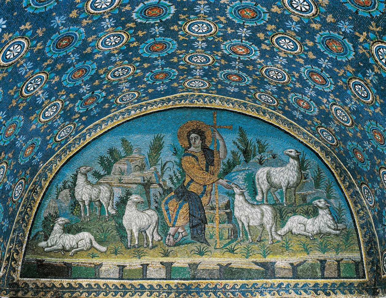 Dobry Pasterz, Mozaika ramki nad drzwiami wejściowymi Mauzoleum Galli Placydii, c425 (mozaika) autorstwa Paleo Christian
