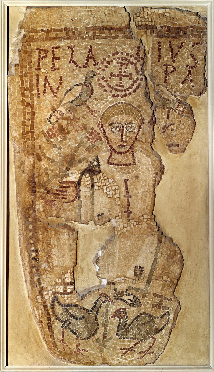 Antyk paleochrecki: „”Reprezentacja mnicha ascety Pelage (lub Pelagiusa) (350-420)””Mozaika nagrobna z Tunezji. Paryż, Luwr autorstwa Paleo Christian Paleo Christian