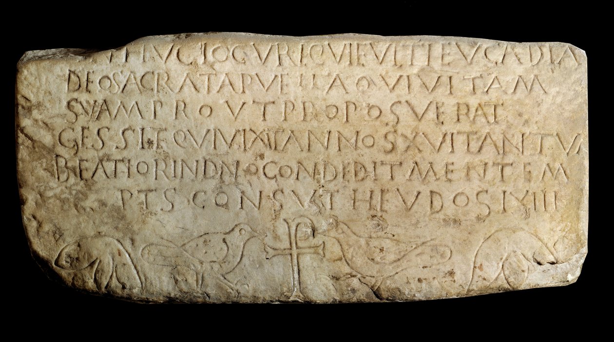 Sztuka paleochrześcijańska: epitafium Leukadii. Tablica ze starego kościoła Machabeuszy w Lyonie. Paryż, Luwr autorstwa Paleo Christian Paleo Christian