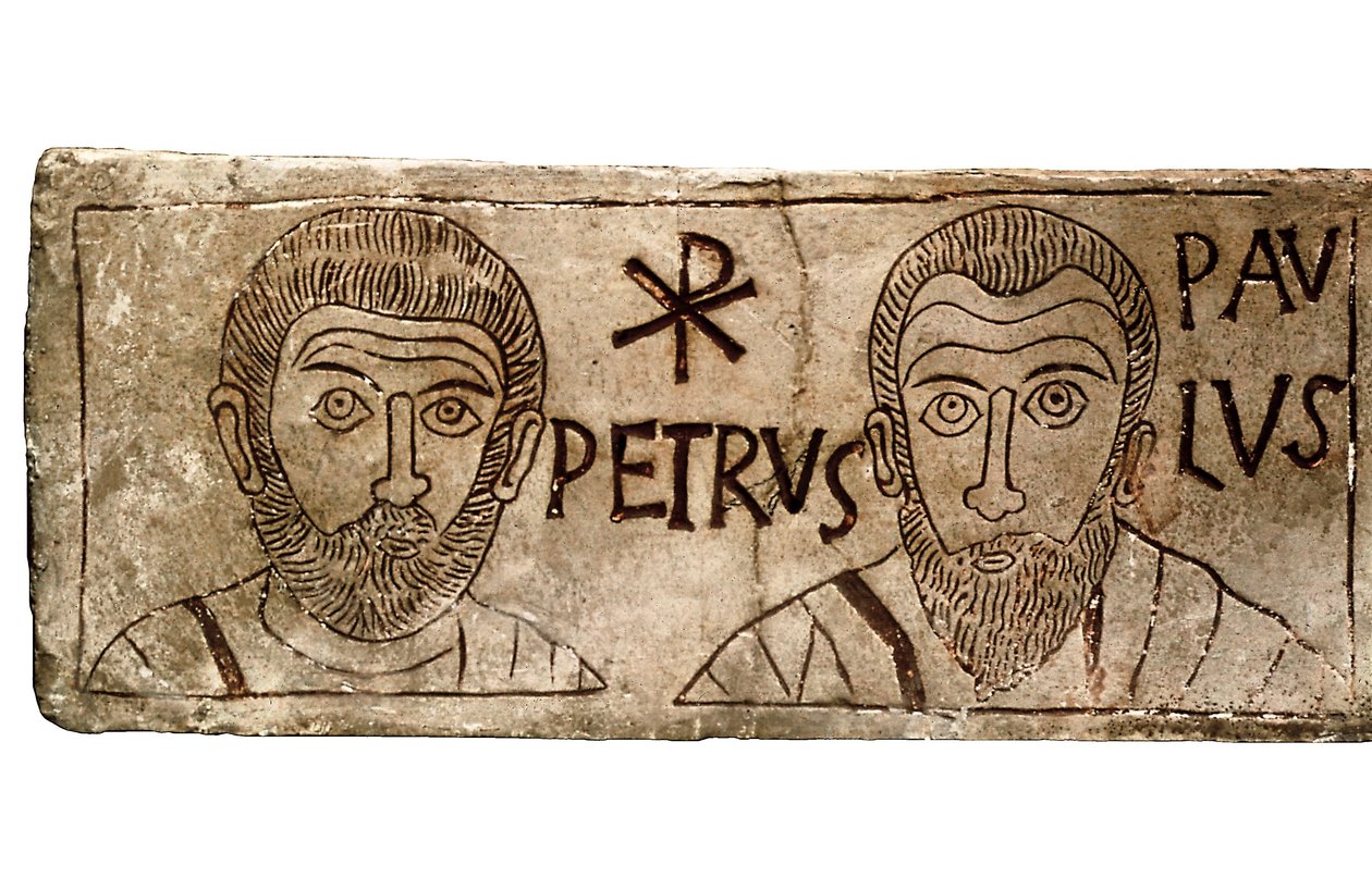 Sarkofag przedstawiający apostołów Piotra i Pawła, cywilizacja wczesnochrześcijańska autorstwa Paleo Christian Paleo Christian