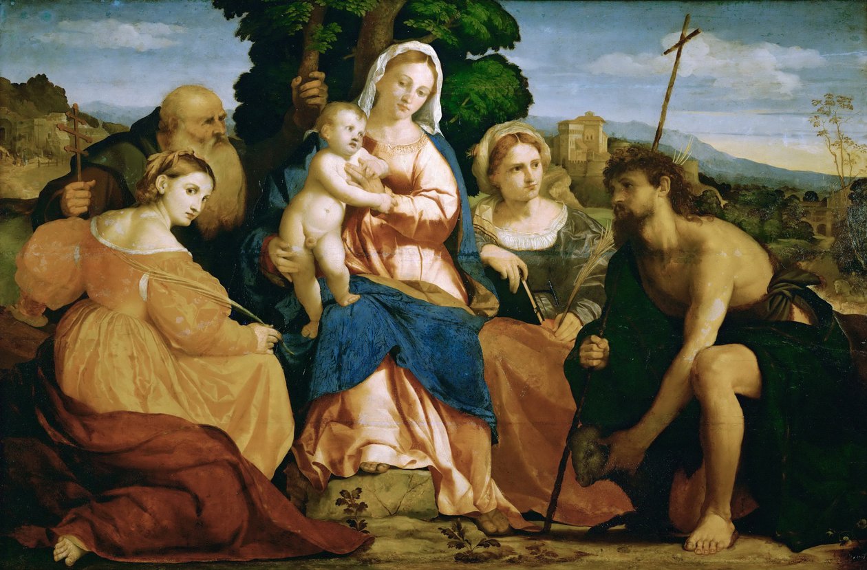 Maryja z Dzieciątkiem i świętymi Katharina i Coelestin (po lewej) i Johannes zm. Baptystka i Barbara (po prawej) autorstwa Palma il Vecchio
