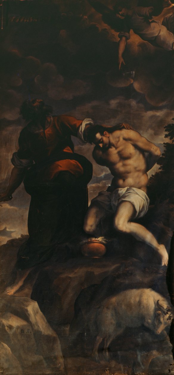 Scena z drzwi organowych, Abraham i Izaak, 1600 autorstwa Palma Il Giovane