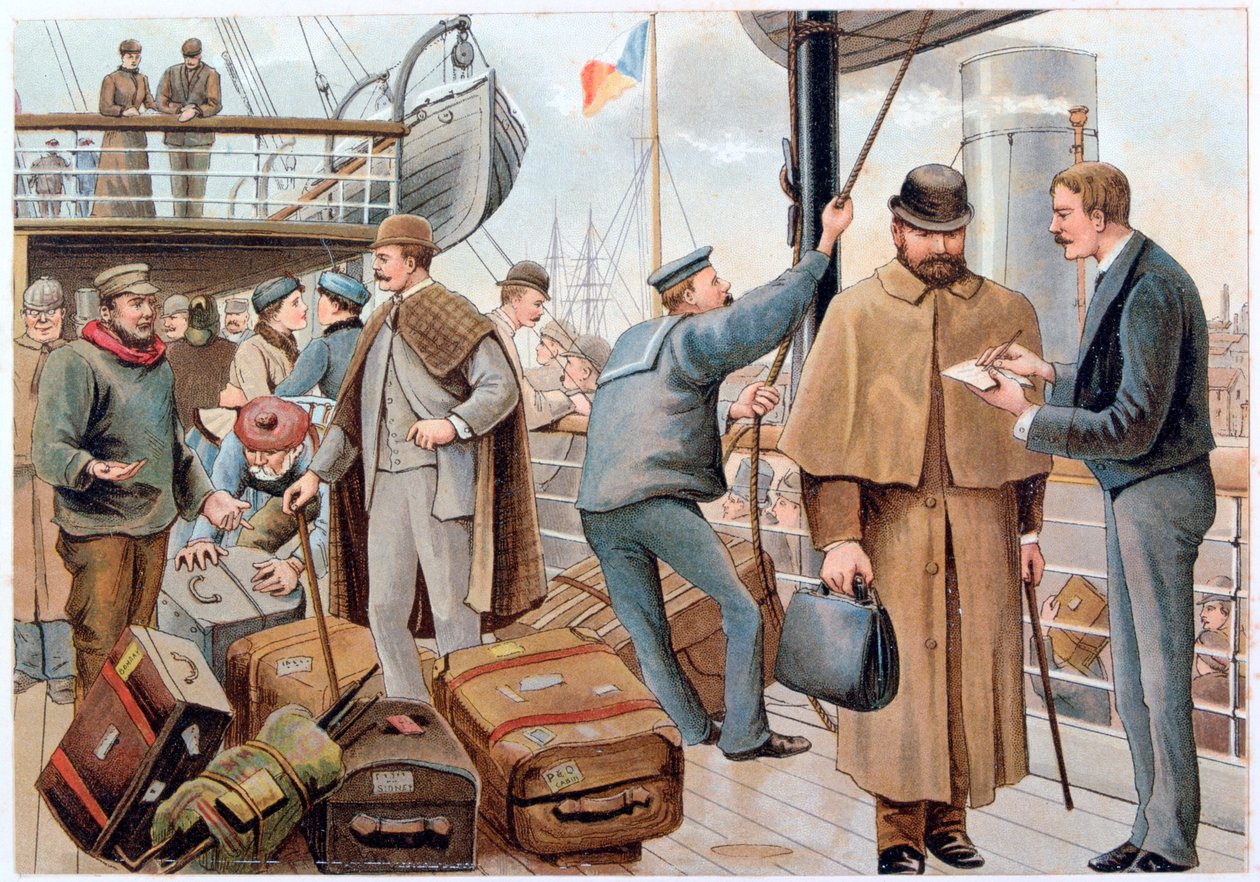 Pasażerowie dołączający do liniowca P&O na Tamizie, ok. 1890. autorstwa PandO Pencillings