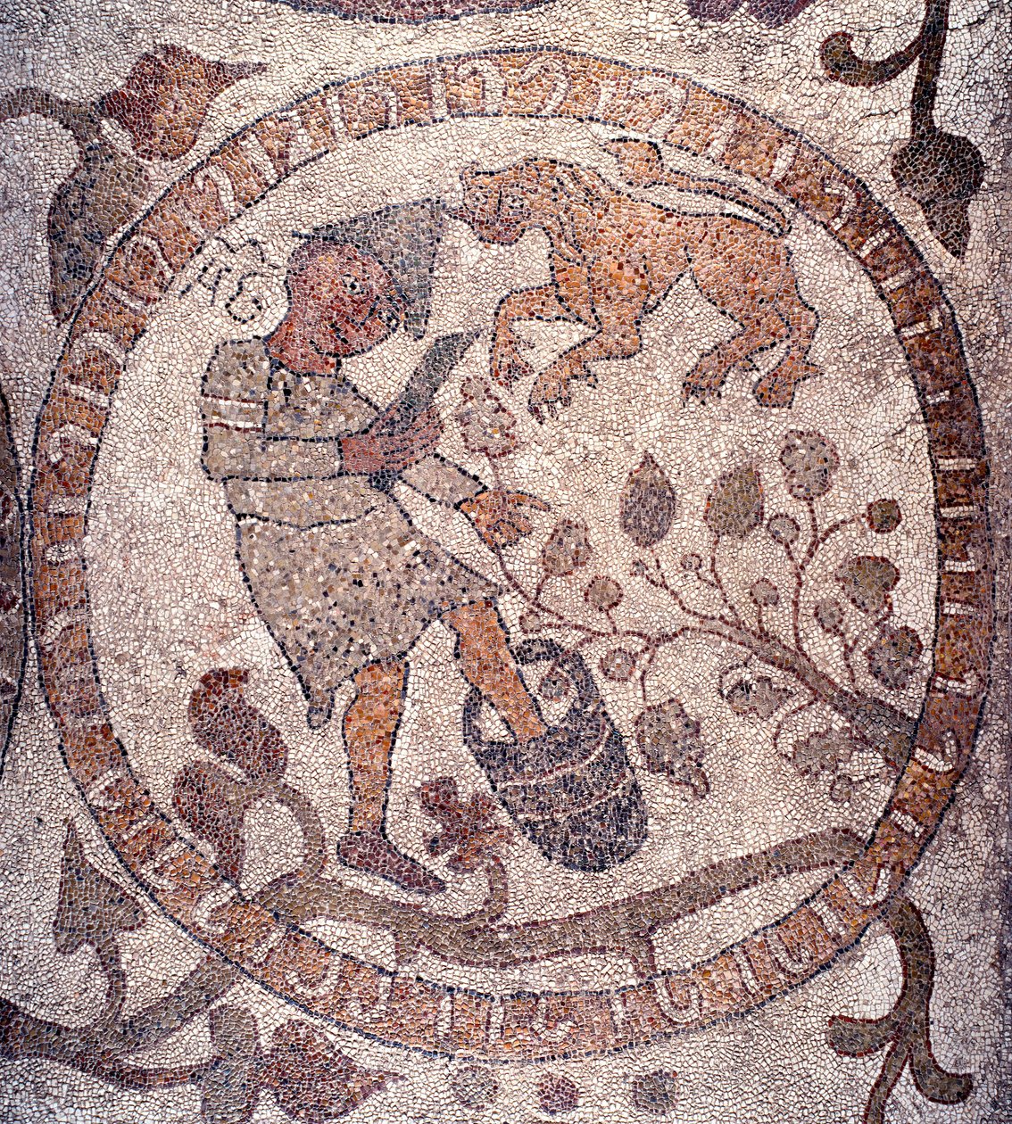 Sierpień: chłop w czapce frygijskiej zbiera winogrona i miażdży je w wiadrze. Znak lwa jest reprezentatywny. Mozaika Pantaleone, kapłana i mozaiki. 1163-1166. Nawa główna katedry w Otranto (Otranto), Włochy autorstwa Pantaleon Pantaleon