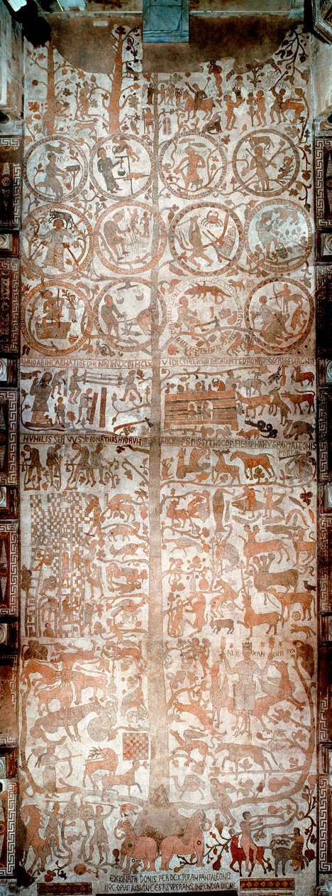 Stworzenie świata, Adam i Ewa, sceny biblijne i znaki zodiaku Widok totality mozaik Pantaleone, kapłana Moassete (XII w.) pokrywających bruk nawy katedry w Otranto (Otranto), Włochy autorstwa Pantaleon Pantaleon