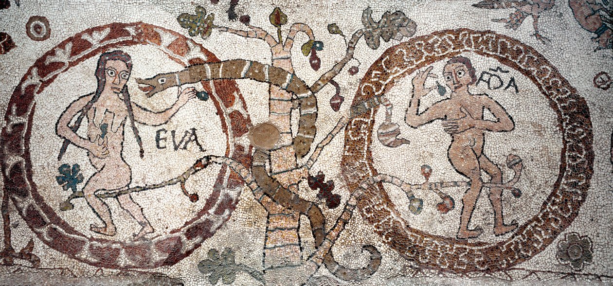 Kuszenie Adama i Ewy Mozaika Pantaleone, kapłana i mozaiki. 1163-1166. Nawa główna katedry w Otranto (Otranto), Włochy autorstwa Pantaleon Pantaleon