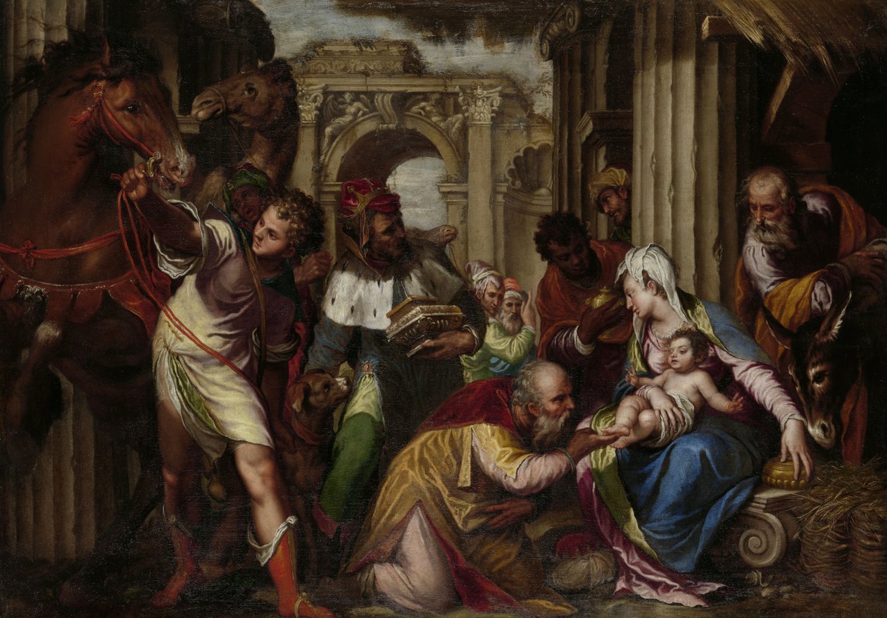 Adoracja Trzech Króli, ok. 1585 autorstwa Paolo Farinati