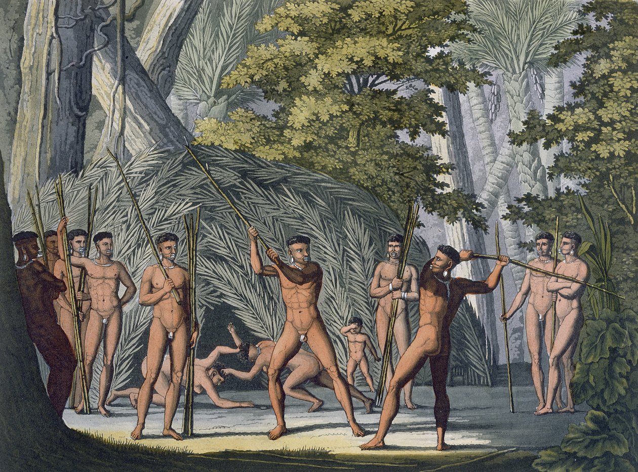 Plemię Botocudos z Rio Grande, Paragwaj, z „Le Costume Ancien et Moderne”, autorstwa Julesa Ferrario, opublikowane ok. 1820-30 (kolorowe grawerowanie) (patrz także 177059) autorstwa Paolo Fumagalli
