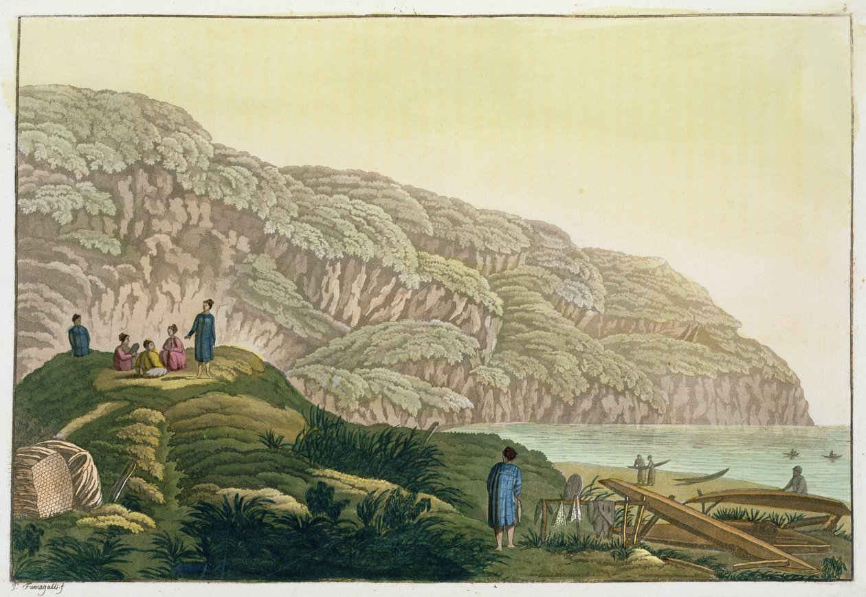Kapitan Cook (1728-79) na Alasce podczas swojego rejsu (rycina kolorowa) autorstwa Paolo Fumagalli
