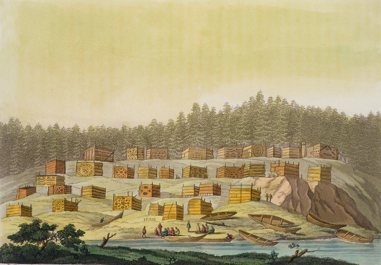 Indiańska Wioska, Nowa Georgia, Alaska (kolor grawerowany) autorstwa Paolo Fumagalli