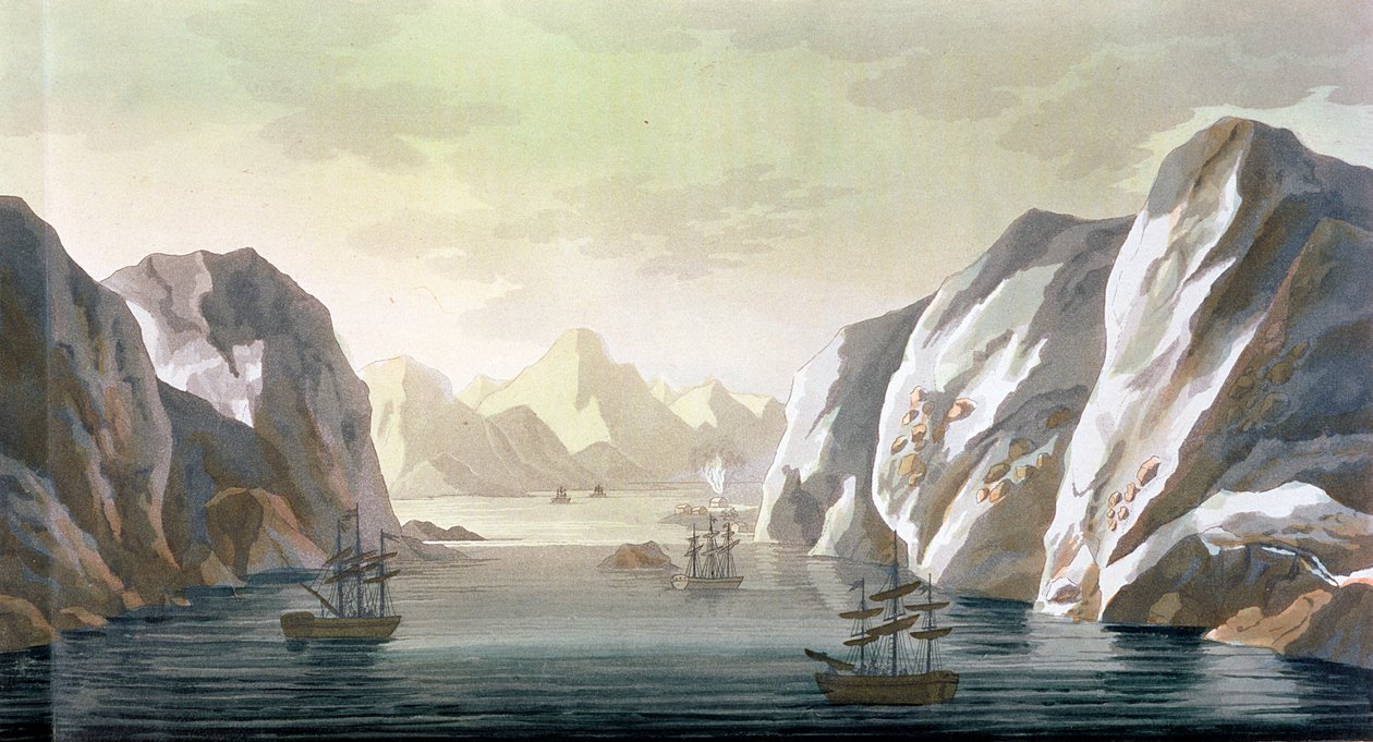 Poszukiwanie Przejścia Północno-Zachodniego - brytyjska wyprawa na Spitzbergen, 1818, z "Le Costume Ancien et Moderne", tom I, tablica 28, autor Jules Ferrario, opublikowane około lat 20-tych-30-tych XIX wieku autorstwa Paolo Fumagalli